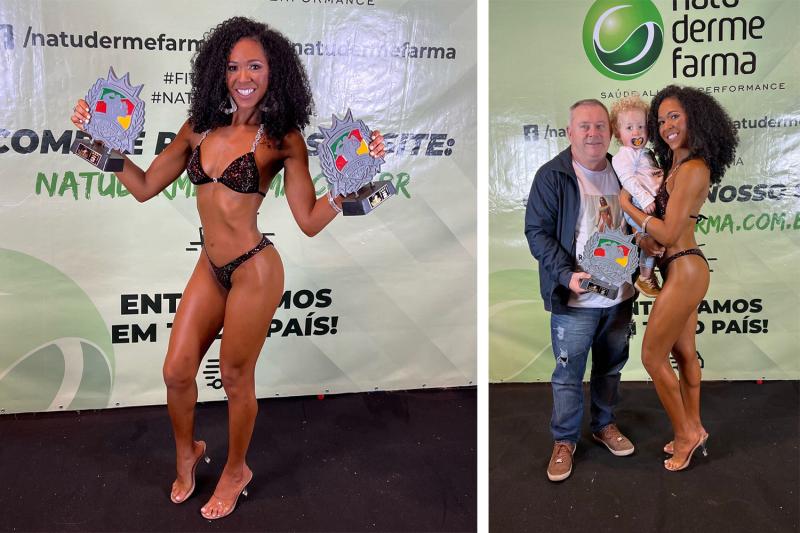Ranny conquistou duas premiações no Campeonato Gaúcho de Fisiculturismo e Fitness 2023. Ao lado, com o esposo Erni e o filho Joaquim