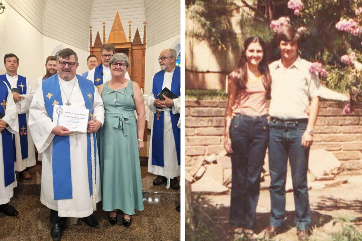 Pastor Oscar com a esposa Rozeli no Culto de Emeritamento, ocorrido em 29 de novembro. Ao lado, o casal na época da chegada a Dois Irmãos