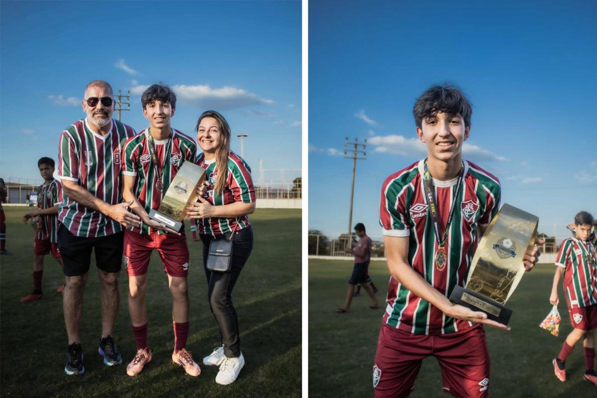 Valenthin com os pais Manteiga e Aline e a taça de campeão (Fotos: Divulgação)