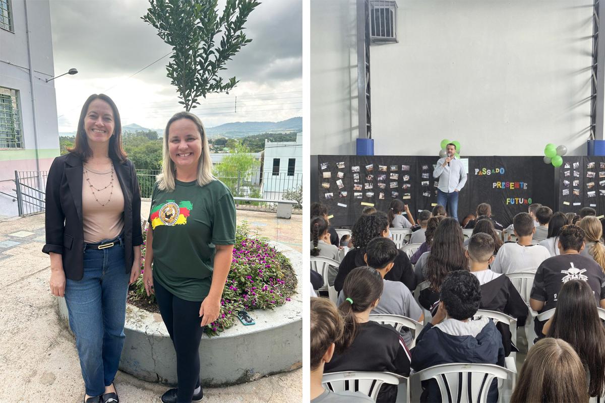 Diretora Andrea Maleski dos Santos e coordenadora pedagógica Karina Rossa / Prefeito Jerri Meneghetti esteve na escola no início da semana Diretora Andrea Maleski dos Santos e coordenadora pedagógica Karina Rossa / Prefeito Jerri Meneghetti esteve na escola no início da semana