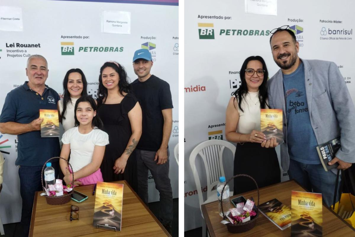 Margarete com sua família / Com o diretor da editora, Maximiliano Ledur
