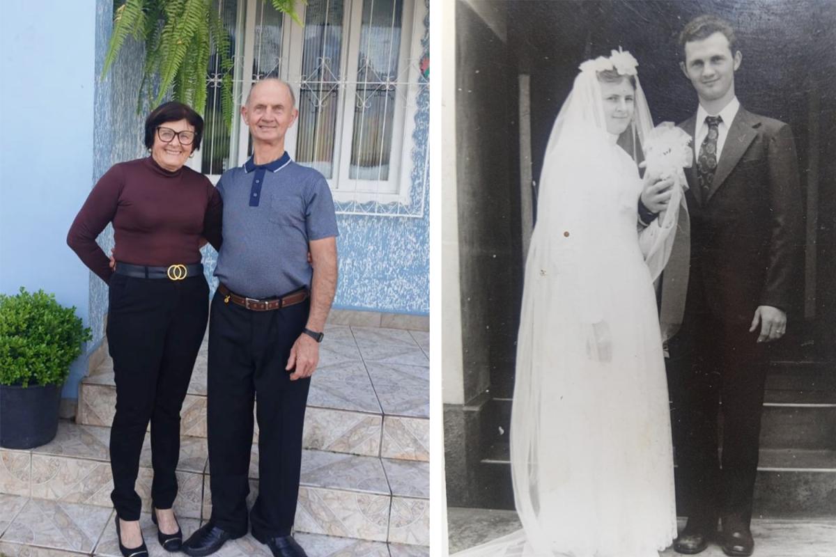 O casal hoje em dia e a foto do casamento