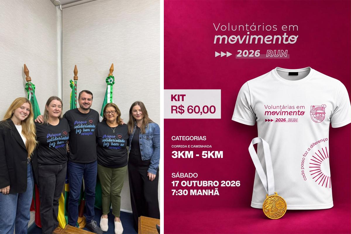 Iniciativa de Hanna Fink Henrich e Stéfani Guth deu origem ao Voluntários em Movimento, que une juventude, voluntariado, esporte e solidariedade. Na foto, Hanna, Angela, Jerri, Neusa e Stéfani