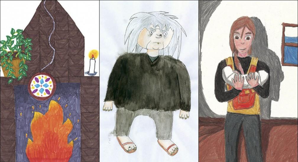 Montagem das ilustrações feitas por Maria Clara, Theo e Gabriel