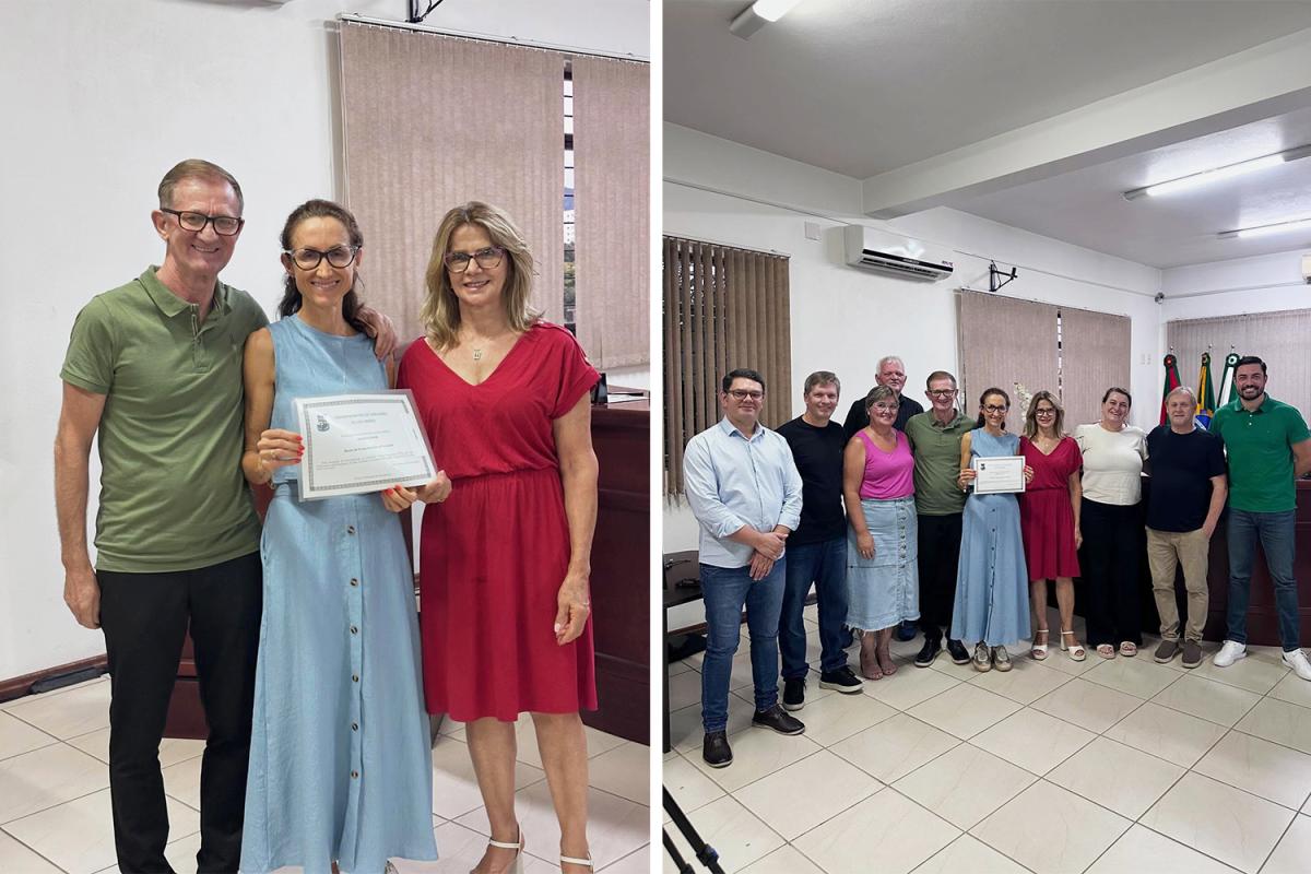 Elony, Minéia e Celina / Homenageada com os vereadores (Fotos: Divulgação / Câmara)