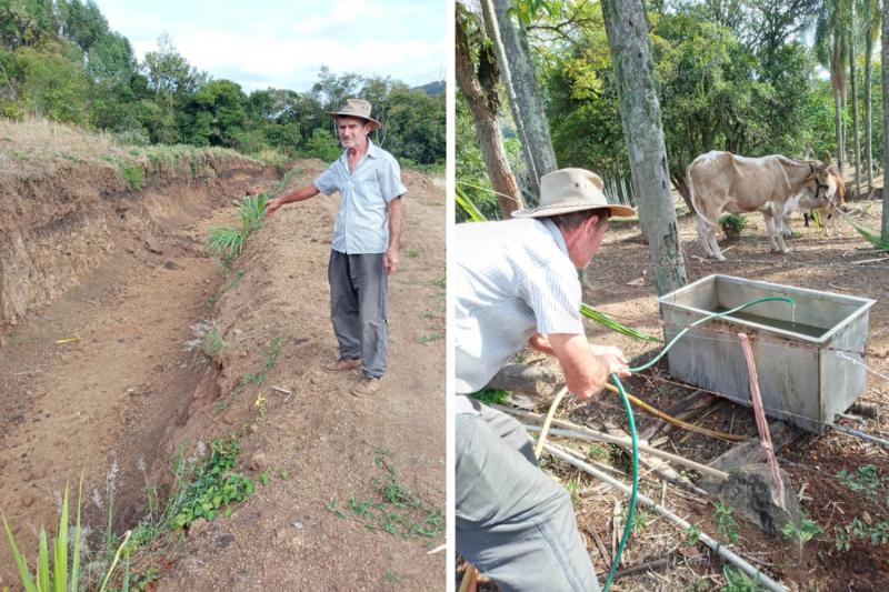 Cláudio mostra local onde açude secou e como está difícil dar água para o gado