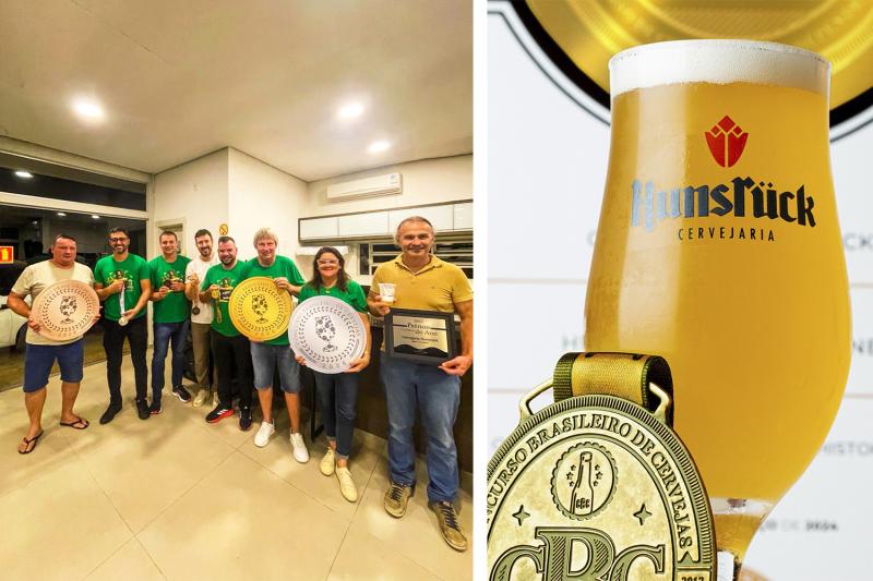 Sandro, Alcemar, Miguel Hoff, Uira, Ivan, Miguel Engelmann, Vanessa e Mauri com as medalhas conquistadas em Blumenau e a placa de melhor cervejaria (Foto: Divulgação)
