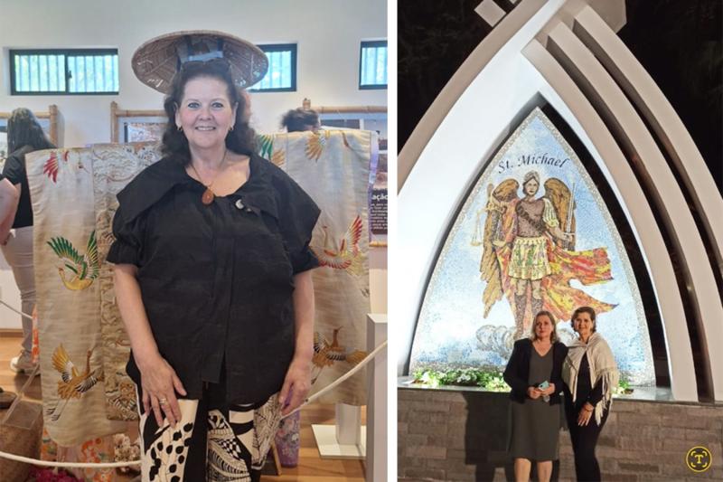 Carmen Backes: “Qualquer escolha nos leva a abrir um mundo novo”. Ao lado, com Áurea Rapaki junto ao mosaico de São Miguel