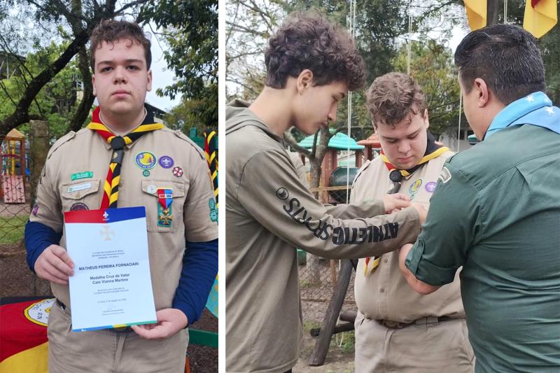 Matheus foi certificado com a Medalha Caio Viana Martins e recebeu a medalha das mãos do amigo que salvou (Fotos: Divulgação)