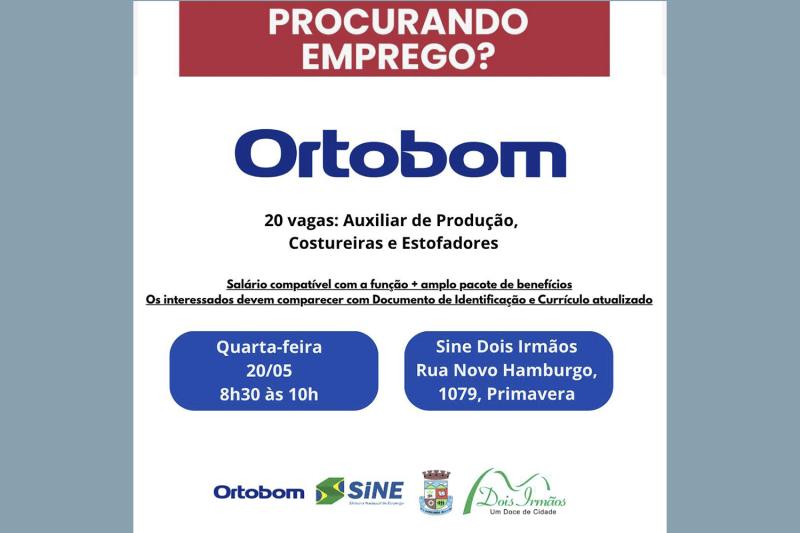 Quarta-feira tem seleção da Ortobom no SINE Dois Irmãos com 20 vagas